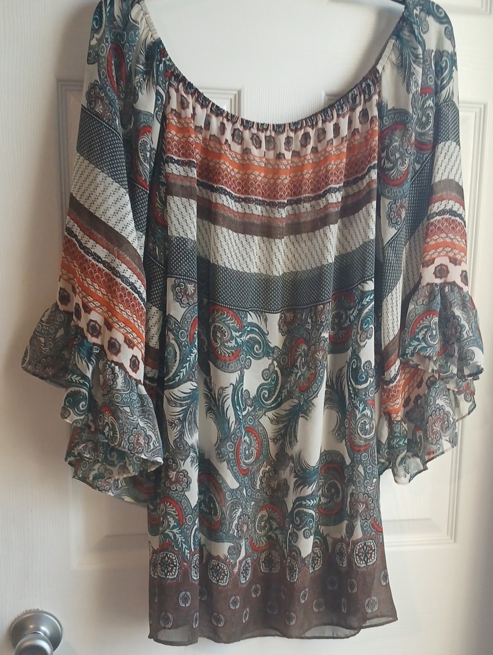 Women’s Boho Off-Shoulder Floral Paisley Top in Teal and Rust,  Emma Rose Sz1X